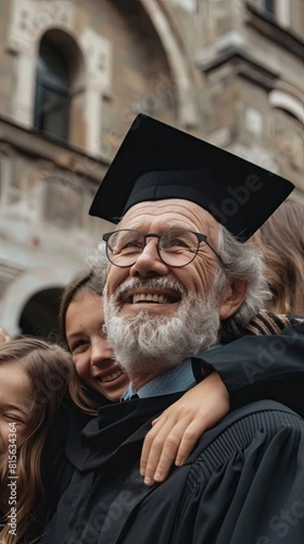 Obraz Joyful elderly academic celebrating graduation with happy young students