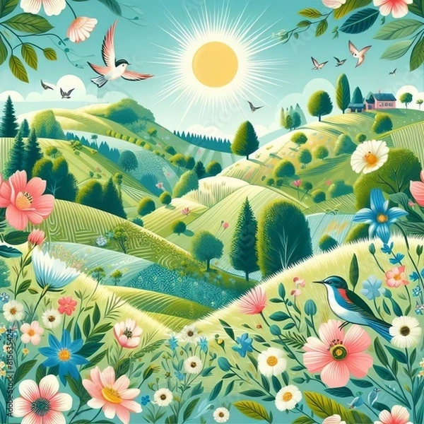 Obraz Sunny summer landscape with sun, green trees and birds