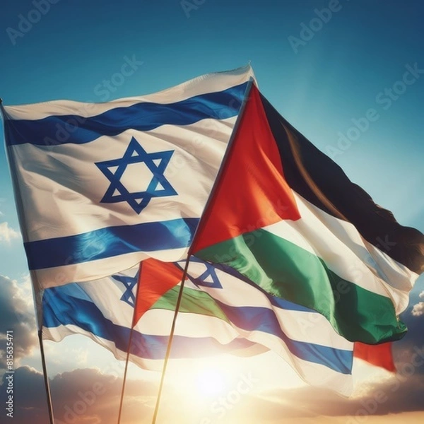 Obraz Israeli and palestinian flags in the wind, symbolizing hope for peace in the middle east