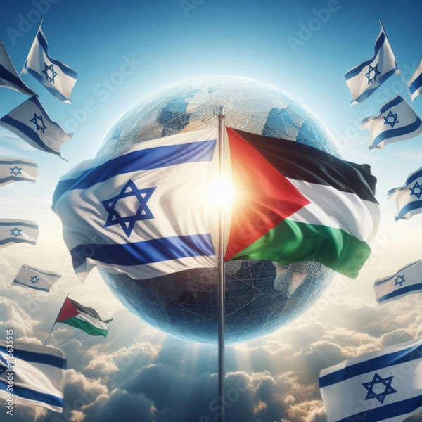Obraz Israeli and palestinian flags in the wind, symbolizing hope for peace in the middle east