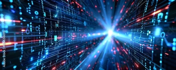 Fototapeta Digital futuristic technology abstract banner background illuminated by vibrant neon lights, forming a dynamic and interconnected network of systems