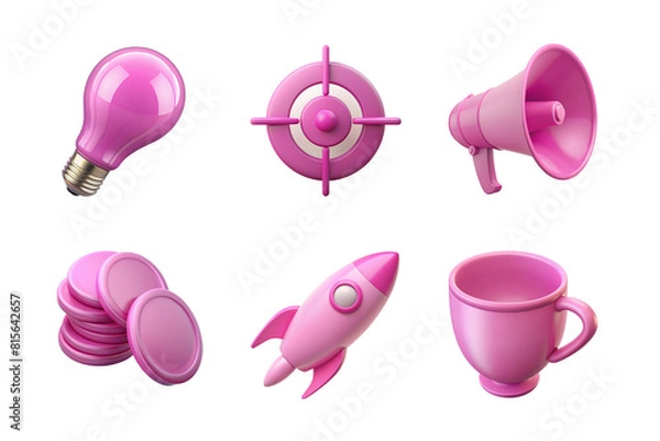 Fototapeta 3d realistic icon set. bulb, target, megaphone, coins, rocket, cup