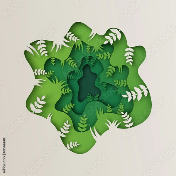 Obraz Paper curved carve art of branch in green forest. Green forest frame. paper cut and craft style. vector, illustration.