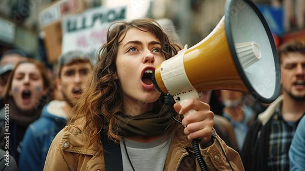 Fototapeta Female activist protesting with megaphone during a demonstration