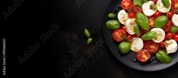 Fototapeta Mozzarella cheese basil and tomato cherry ready for cooking Caprese salad Dark background Top view Copy space