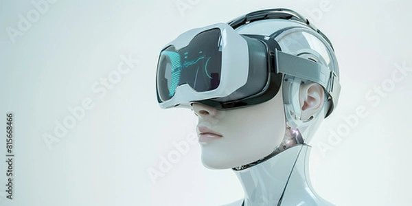 Fototapeta human robot female head is portrayed wearing VR goggles against a pristine white background. blend of advanced technology and human-like expression, prompting reflection on the fut