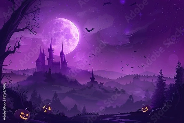 Obraz Halloween drawing with haunted witch house, dark blue sky, and orange pumpkins decoration