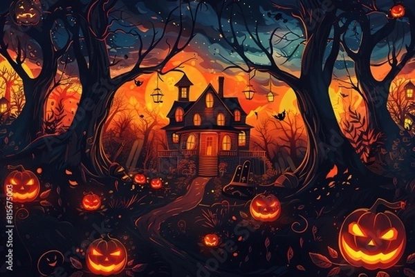 Fototapeta Halloween theme with glowing pumpkin in dark autumn forest with amanita and moon. Halloween horror background.