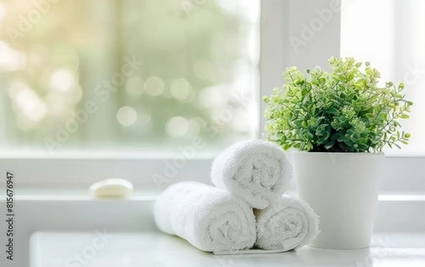 Obraz Tranquil Bathroom Setting with Towels and Plant