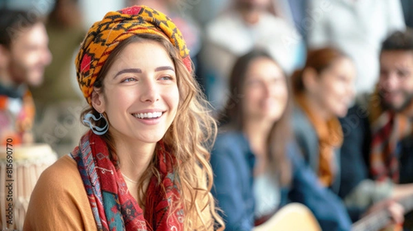 Fototapeta A happy woman in a turban and scarf smiles in front of a group at an event