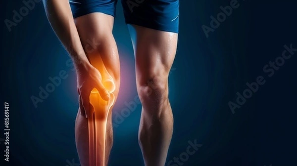 Fototapeta An illustration of a person holding their knee in pain. The knee is highlighted in red to show the location of the pain.
