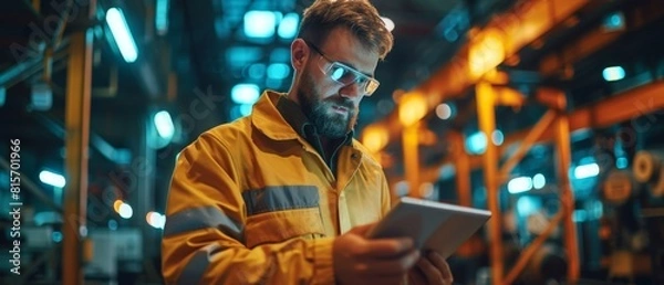 Fototapeta Industrial Worker Inspecting with Tablet at Dusk