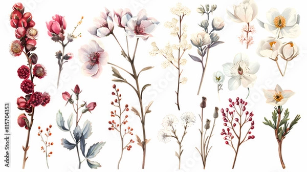 Fototapeta winter flowers, leaves, isolated on white background.generative Ai