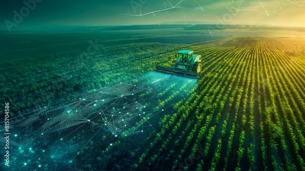 Fototapeta A farm utilizing cutting-edge AI technologies to monitor crops, with a side view that highlights precision farming and a tech tone