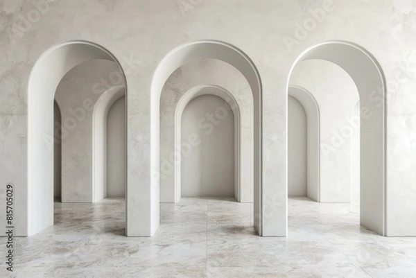 Fototapeta Minimalist design of a spacious white hallway with repeating archways