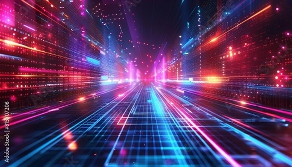 Fototapeta Vibrant digital technology background with geometric patterns and neon lights, evoking a sense of energy and modernity.