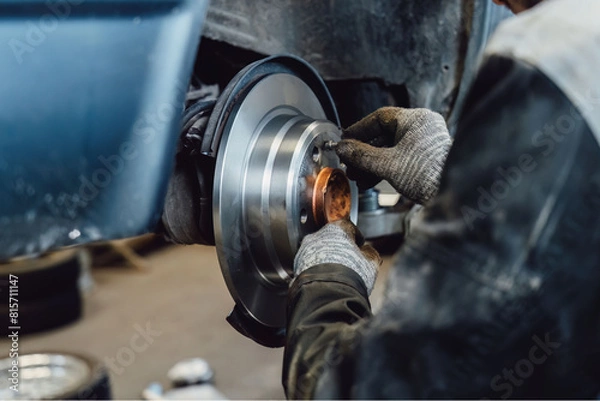 Obraz The rim is removed showing the rotor and caliper. Disc brake on car in process of new tire replacement