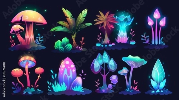 Fototapeta A fantasy plant for a magic forest cartoon game. An alien planet nature element isolated with glow. A glossy psychedelic wonderland jungle landscape asset illustration.