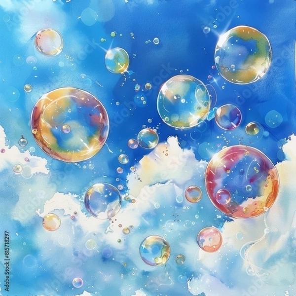 Fototapeta Bright and airy watercolor bubbles lifting off into a clear blue sky, creating a sense of freedom and whimsy