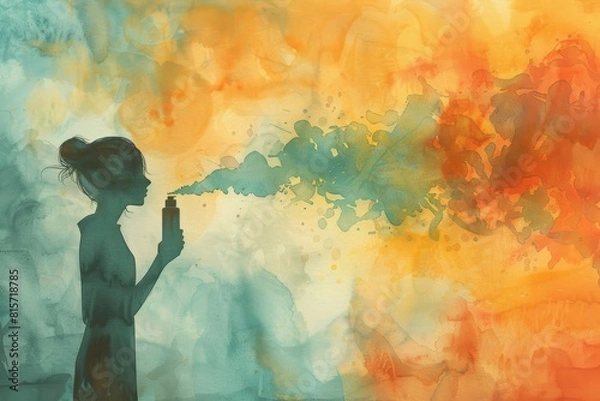 Fototapeta Artistic watercolor representation of a woman and an aerosol can, emitting a delicate cloud of powders in shades of light orange and teal