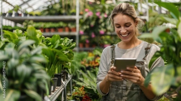Obraz Young Adult Woman, Tablet at Work, Checking and Maintaining Plants in Garden Center