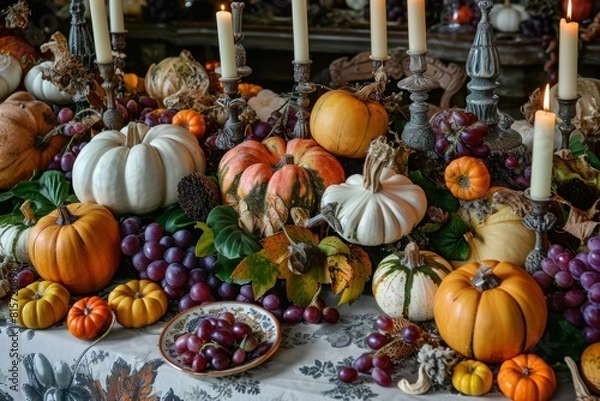 Fototapeta Bountiful autumn table setting featuring a variety of pumpkins, grapes, and candles