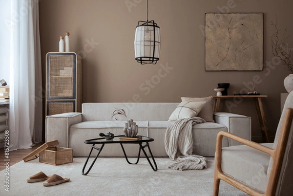 Fototapeta Interior design of living room with mock up poster frame, ąćeige sofa, glass coffee table, beige wall, pouf, rattan sideboard, slippers, wooden bench and personal accessories. Home decor. Template.