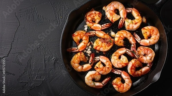 Fototapeta spicy roasted shrimps in cast iron pan , black background. AI Generative