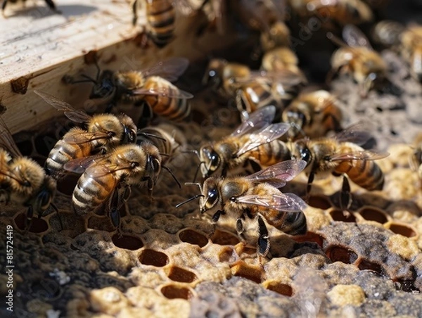 Fototapeta A group of bees are working on a honeycomb. They are diligently collecting nectar and pollen to create honey.