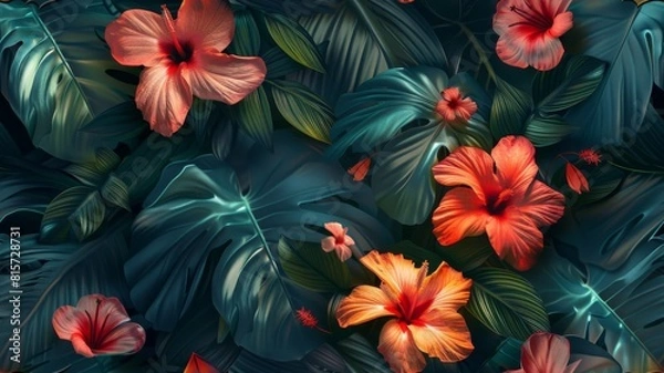 Fototapeta Lush tropical flower and leaf pattern