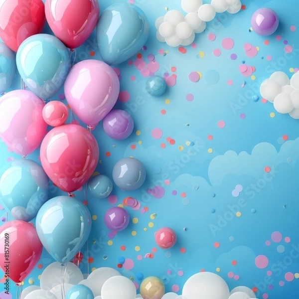 Fototapeta air balloon pastel color on blue festive background, top view, copy space