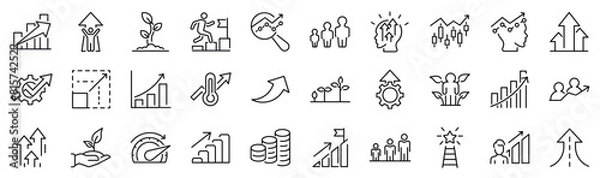 Fototapeta Set of 30 outline icons related to growth. Linear icon collection. Editable stroke. Vector illustration