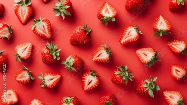 Obraz Summer pattern made with strawberries fruit on red background. Summer colorful creative background. Minimal fruit concept.