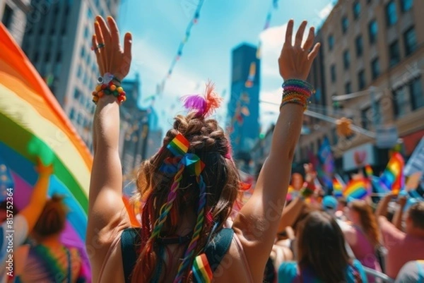 Obraz With every step, the lesbian woman painted a portrait of empowerment, her hands in the air reflecting the joy of celebrating her pride amidst the colorful mosaic of the parade
