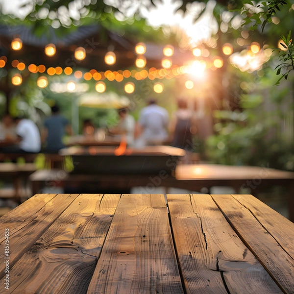 Fototapeta Empty wooden table and blurred view of people having barbecue with modern grill outdoors 