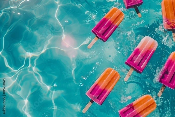 Fototapeta bright fuchsia pink and orange popsicles pattern in a turquoise shallow pool