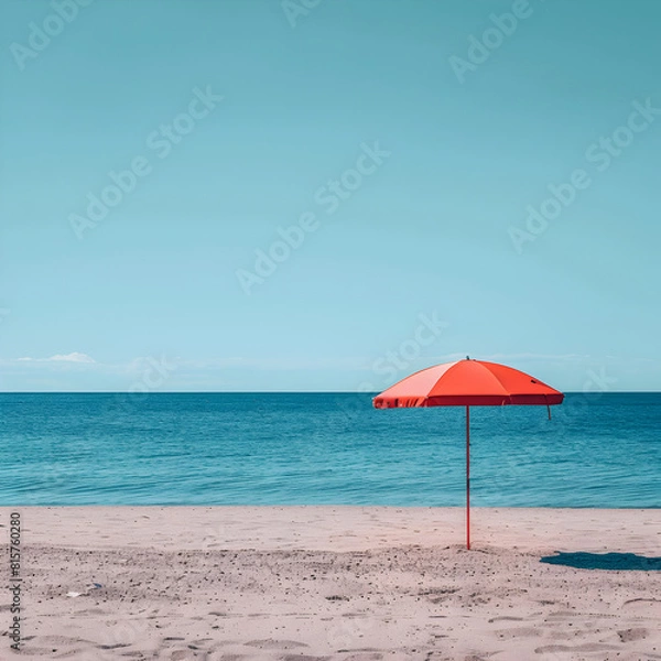 Fototapeta Minimal summer holidays vacation concept. Beach umbrella in front of blue sky and sea. Chilling, lounging on the beach. 