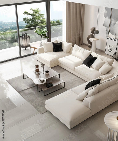 Obraz Modern style living room, cream white sofa combination, light gray floor tiles, simple background wall decoration, interior lighting, large glass window and bright atmosphere.