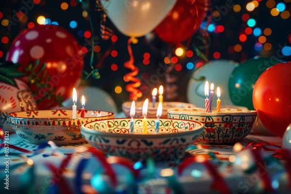 Fototapeta A festive and dynamic birthday scene featuring candles on patterned serving dishes, encircled by colorful balloons and a backdrop of cheerful streamers and festive lights .