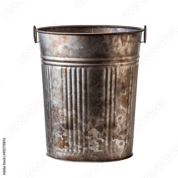 Fototapeta Rustic metal trash can isolated on white background