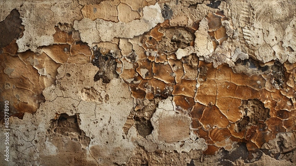 Fototapeta A high-definition image of a crumbling ancient wall, where the patterns of decay mimic cow skin, blending history and art in a textured, abstract photograph.