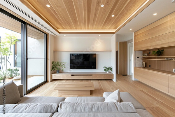 Obraz 温かみある木を基調としたモダンなリビングルームのインテリア｜日本の住宅	