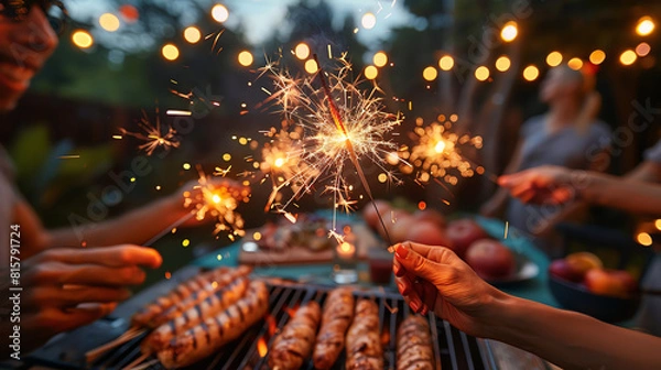 Fototapeta Extreme closeup of hands holding sparklers at a 4th of July BBQ, with festive lights and grilled food in the background