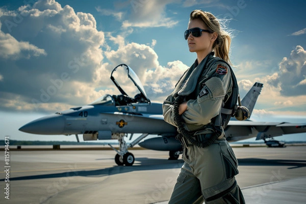 Obraz female military pilot in front of plane