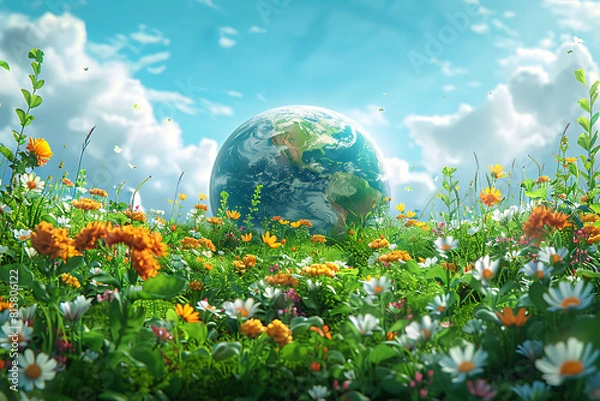 Fototapeta A vibrant blue and green eco Earth globe symbolizes environmental world protection, ecological conservation, and the urgent message of "Save the Planet" celebrated on Earth Day