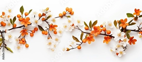 Fototapeta Top view of a fall themed flat lay with beautiful orange flowers on a white background creating an autumn inspired composition with ample copy space