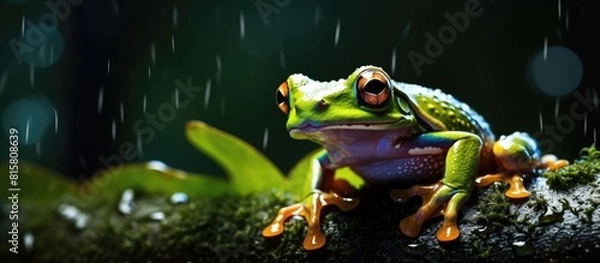 Fototapeta A vibrant tree frog perched on a leaf illuminated by the gentle raindrops creating a mesmerizing copy space image