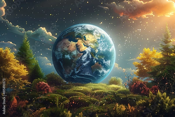 Fototapeta A vibrant blue and green eco Earth globe highlighting themes of environmental world protection, ecological conservation, and the message of "Save the Planet" in celebration of Earth Day