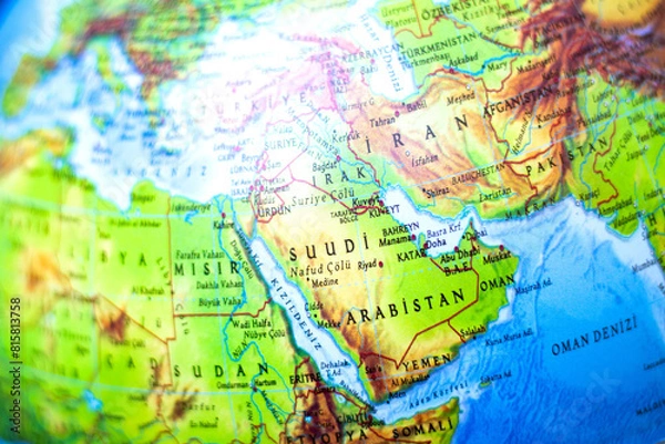 Fototapeta Part of the world map. Map focused on saudi arabia. Country borders. Middle East countries. 