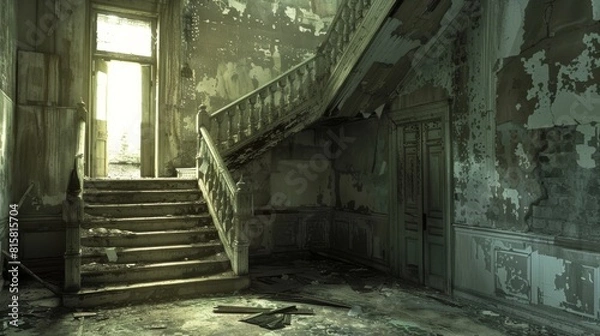 Fototapeta Abandoned House Interior With Staircase And Light Coming Through The Window